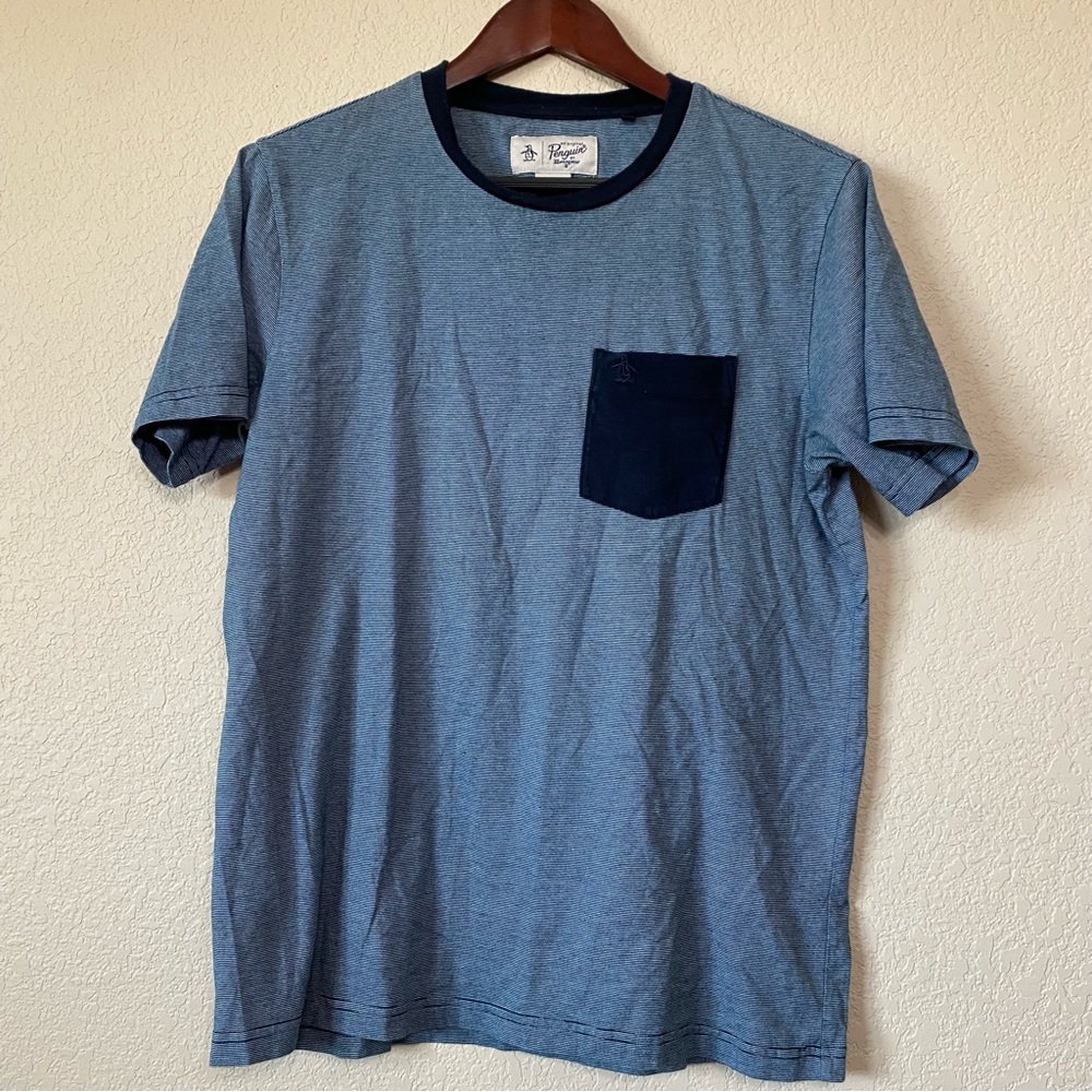 Original Penguin Feeder Stripe Pocket Tee Shirt Dark Sapphire Size Medium